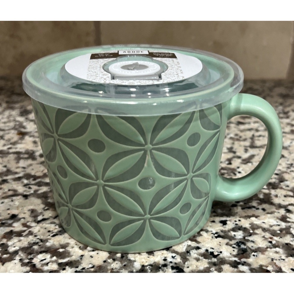 New Abode 20oz Souper Mug With Lid Stoneware Green Floral Heat Refrigerate